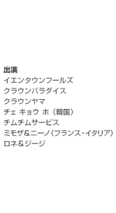 出演　イエンタウンフールズ　クラウンパラダイス　クラウンヤマ　チェ キョウ ホ（韓国）　チムチムサービス　ミモザ＆ニーノ（フランス、イタリア）　ロネ＆ジージ